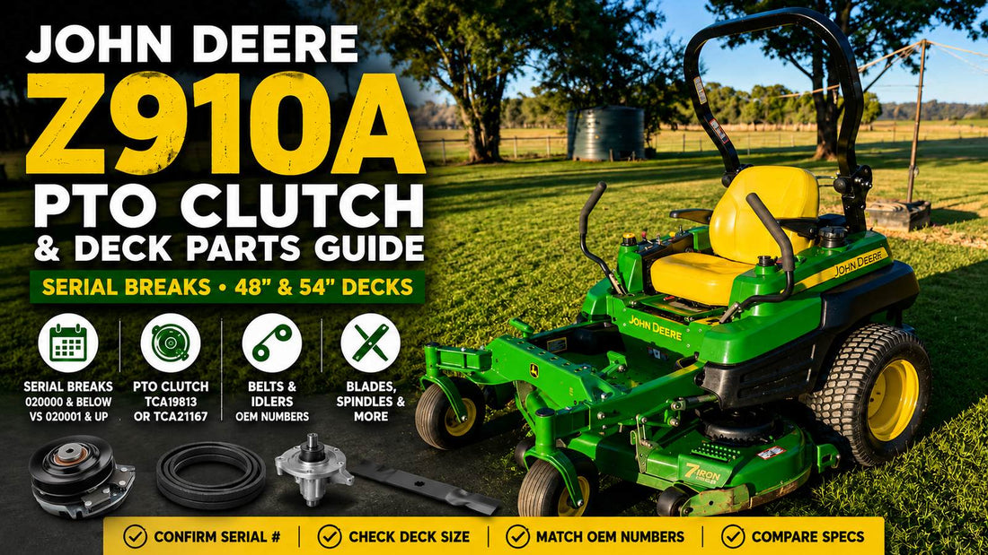 John Deere Z910A PTO clutch and deck parts guide image showing a commercial zero-turn mower with real replacement PTO clutch, deck belt, blade, spindle, and serial break fitment callouts.