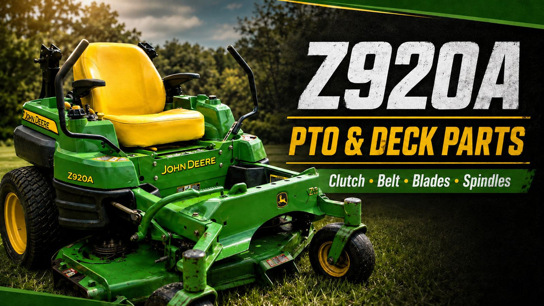 John Deere Z920A PTO clutch and deck parts guide image showing a commercial zero-turn mower with PTO clutch, belt, blades, and spindle parts.