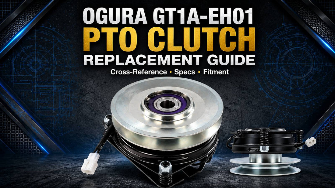 Ogura GT1A-EH01 PTO clutch replacement guide image showing silver pulley electric PTO clutch with 1-1/8 inch bore, 6 inch pulley, and CCW fitment.