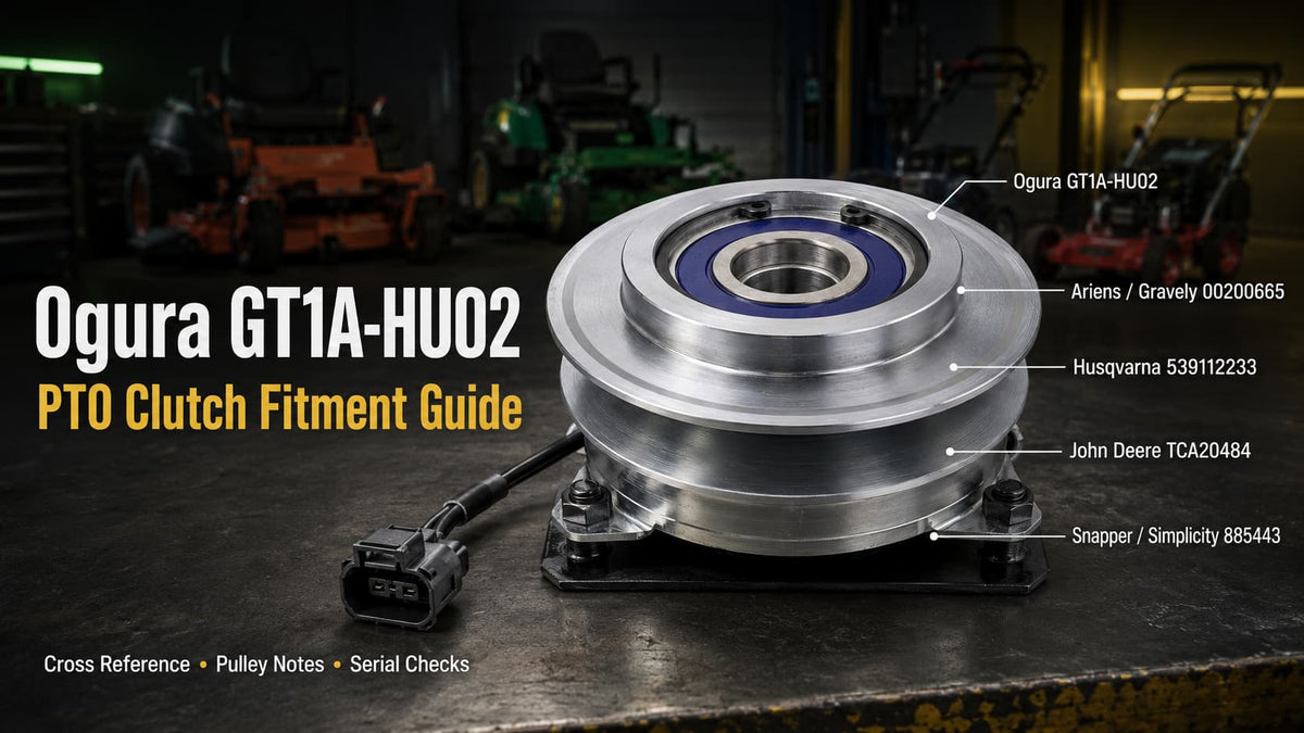 Ogura GT1A-HU02 PTO clutch fitment guide featured image showing an electric PTO clutch with cross-reference callouts for Ariens Gravely 00200665, Husqvarna 539112233, John Deere TCA20484, Snapper 885443, and Simplicity 885443YP.