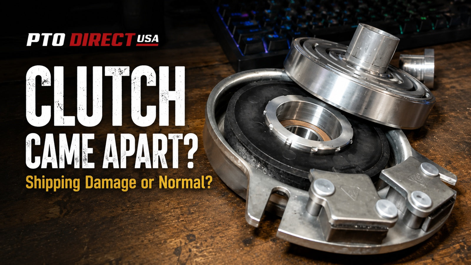 PTO clutch came apart in the box banner showing separated electric clutch pieces with shipping damage or normal separation question.
