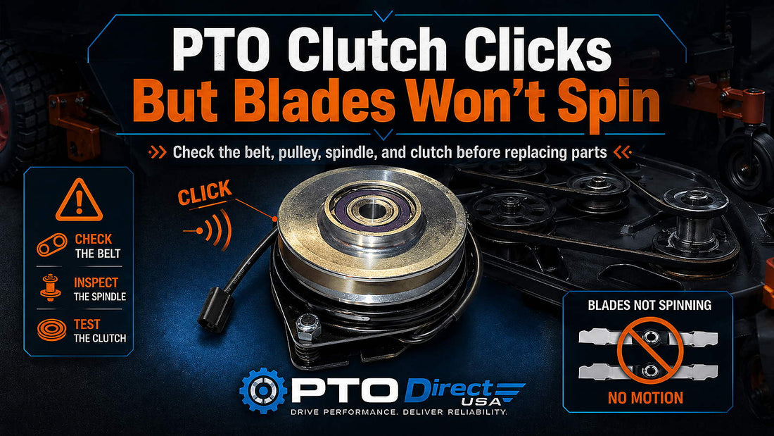 PTO clutch clicks but blades won’t spin troubleshooting graphic showing a real electric PTO clutch, mower deck belt system, warning icon, and blade no-motion check.