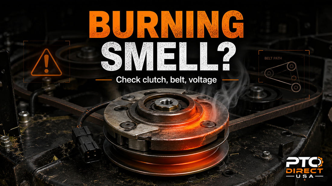 PTO clutch getting hot or burning smell troubleshooting graphic showing an electric mower PTO clutch with heat glow, smoke, warning icon, belt path, and checks for clutch, belt, and voltage.