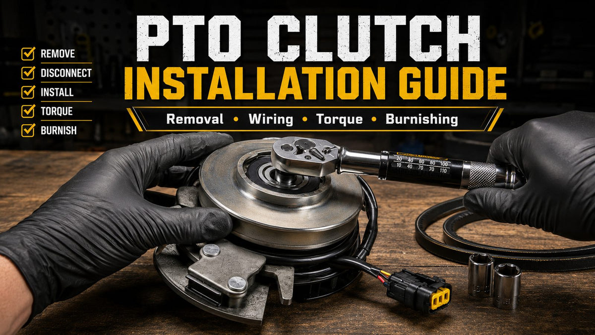 Electric PTO clutch installation guide showing black-gloved hands using a torque wrench on a mower PTO clutch with wiring, belt, and tools.