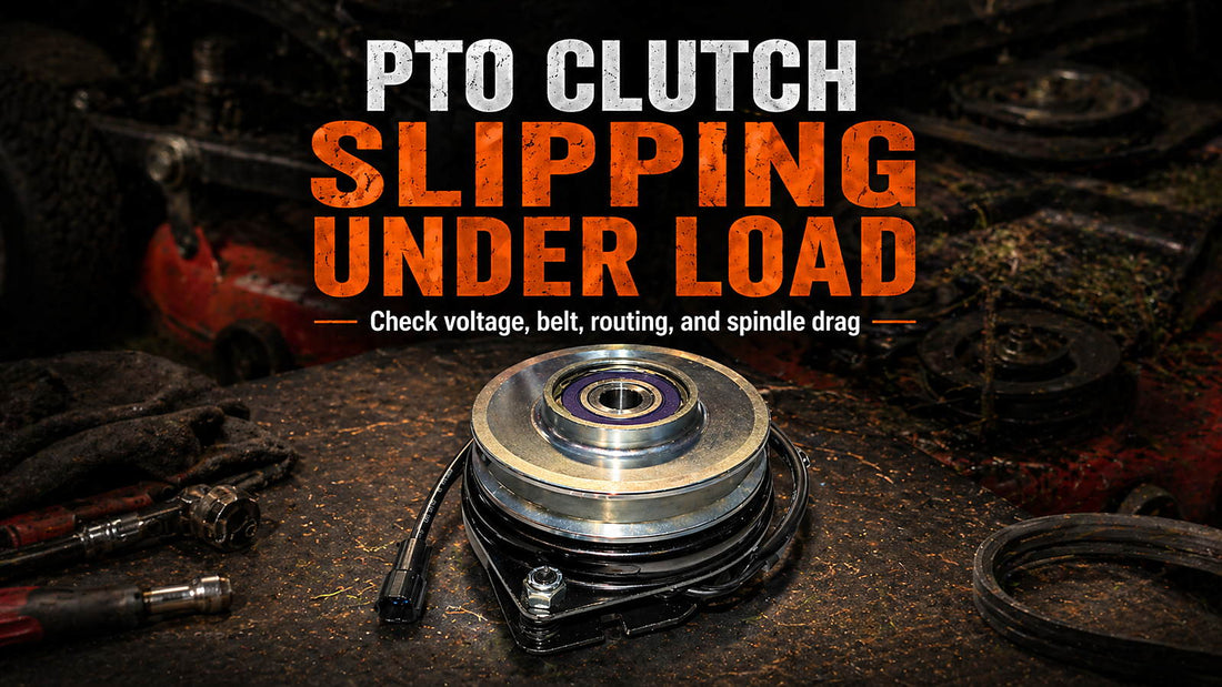 PTO clutch slipping under load troubleshooting graphic showing a real electric PTO clutch, mower deck components, and diagnostic checks for voltage, belt routing, spindle drag, and weak blade engagement.