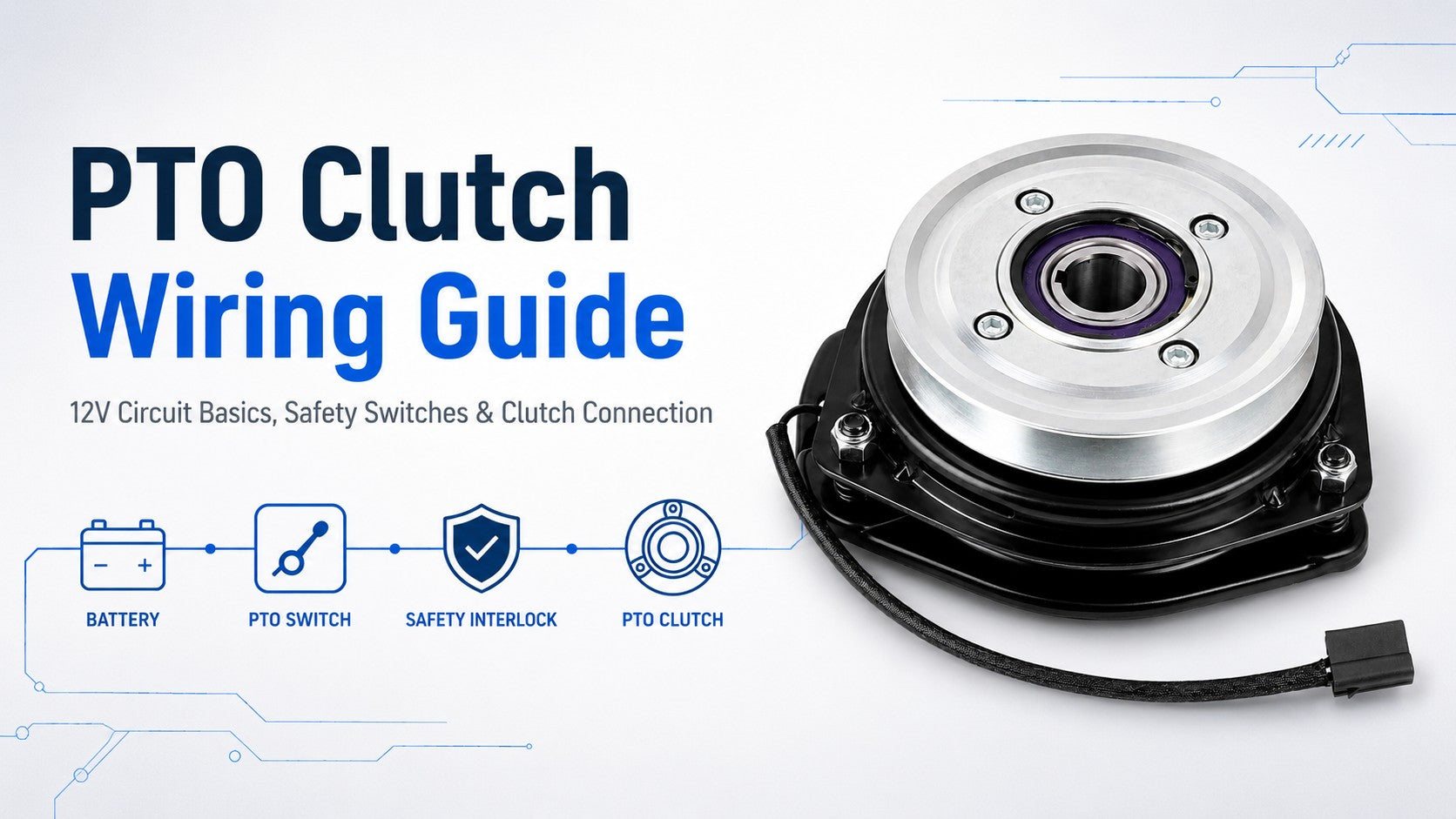 PTO clutch wiring guide image showing a silver electric PTO clutch with accurate two-pin connector, 12V circuit path icons for battery, PTO switch, safety interlock, and clutch connection.