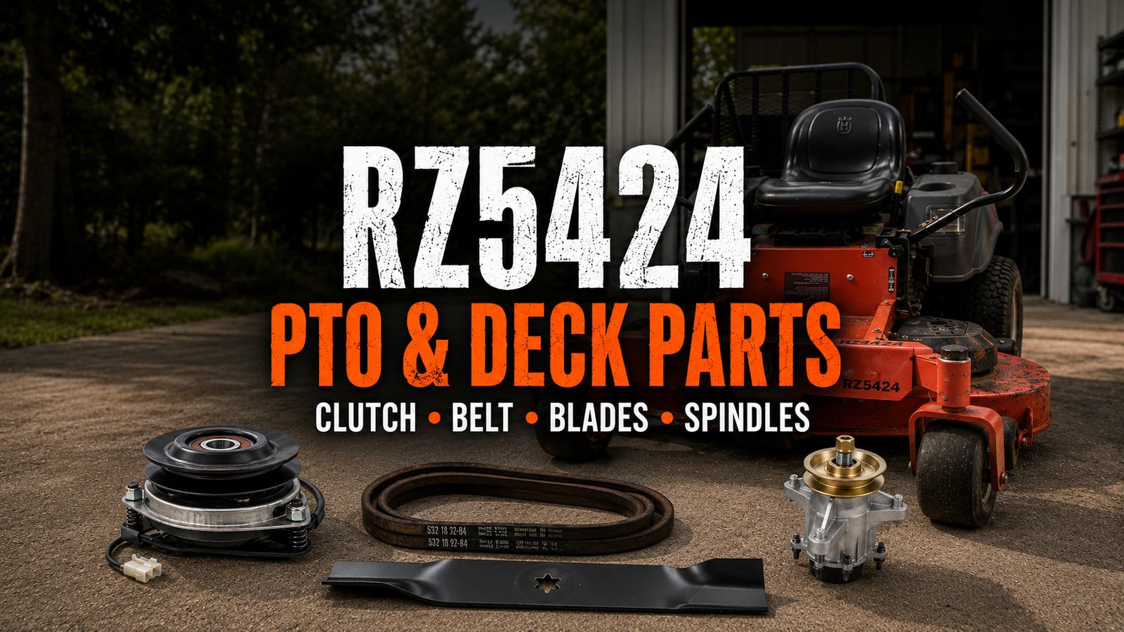 Husqvarna RZ5424 PTO clutch and deck parts guide showing zero-turn mower, 532179334 clutch, deck belt, blade, and spindle assembly.