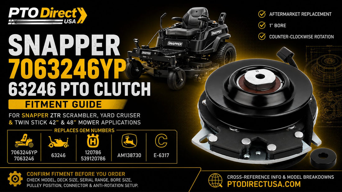 Snapper 7063246YP and 63246 PTO clutch fitment guide image showing an aftermarket electric PTO clutch for Snapper ZTR Scrambler, Yard Cruiser, and Twin Stick 42-inch and 48-inch mower applications.