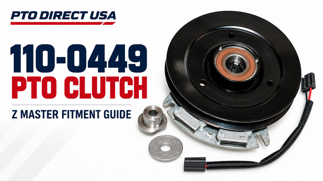 PTO Direct USA 110-0449 PTO clutch fitment guide showing clutch, pulley and wiring for Z Master mowers