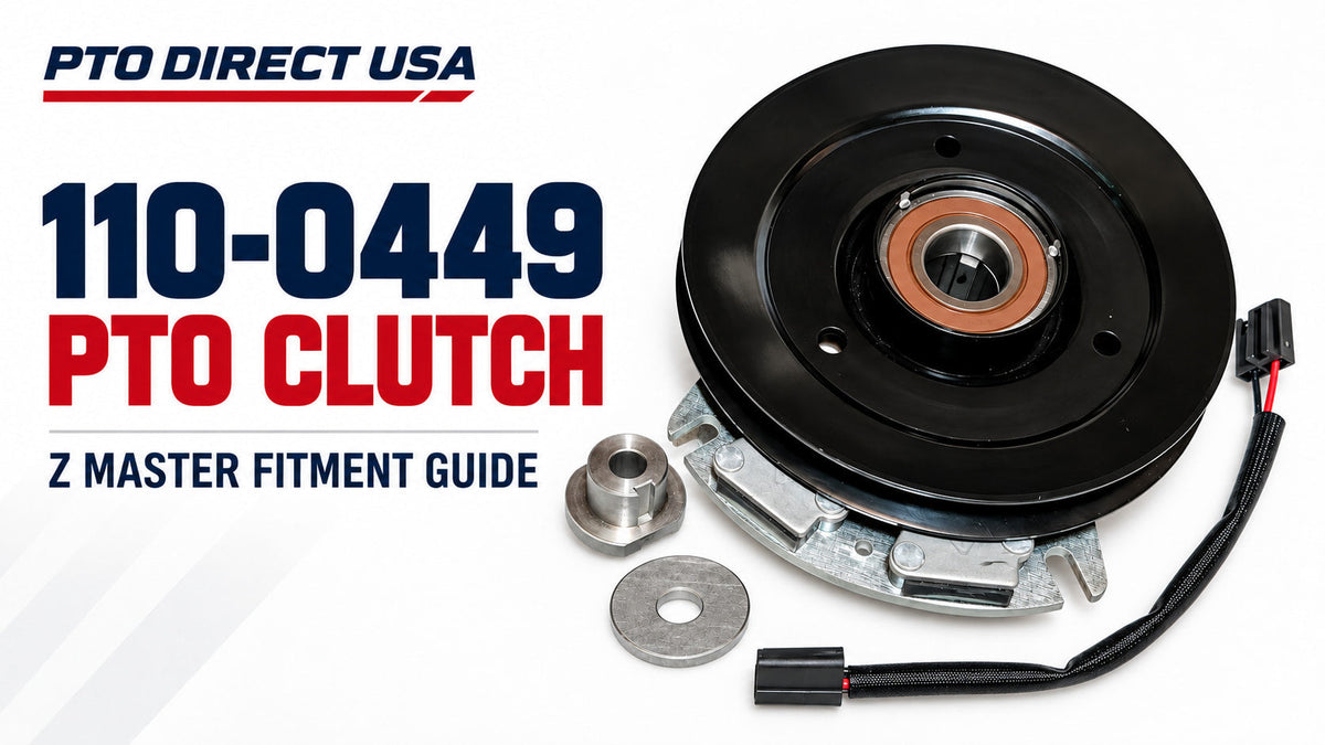 PTO Direct USA 110-0449 PTO clutch fitment guide showing clutch, pulley and wiring for Z Master mowers