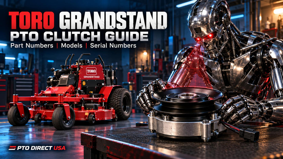 Chrome robot inspecting a PTO clutch beside a Toro GrandStand mower in a cinematic workshop