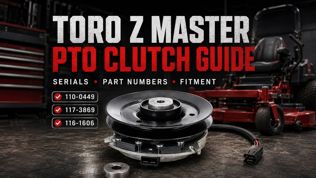 Toro Z Master PTO clutch replacement guide image showing an electric PTO clutch with 110-0449, 117-3869, and 116-1606 part-number fitment paths.