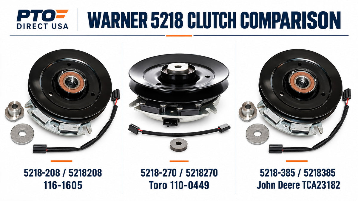 Warner 5218-208, 5218-270 and 5218-385 PTO clutch comparison with corresponding replacement part numbers