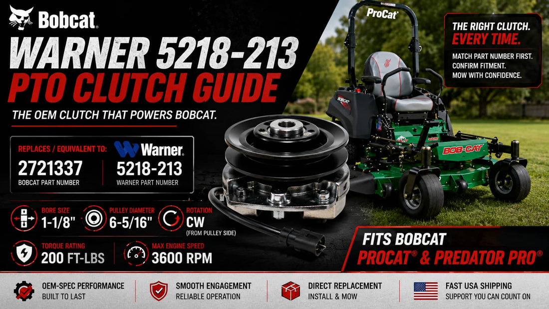 Warner 5218-213 PTO clutch guide featured image showing a Bobcat ProCat mower, 2721337 Bobcat replacement path, 1-1/8 inch bore, 6-5/16 inch pulley, CW rotation, and 200 ft-lb torque rating.