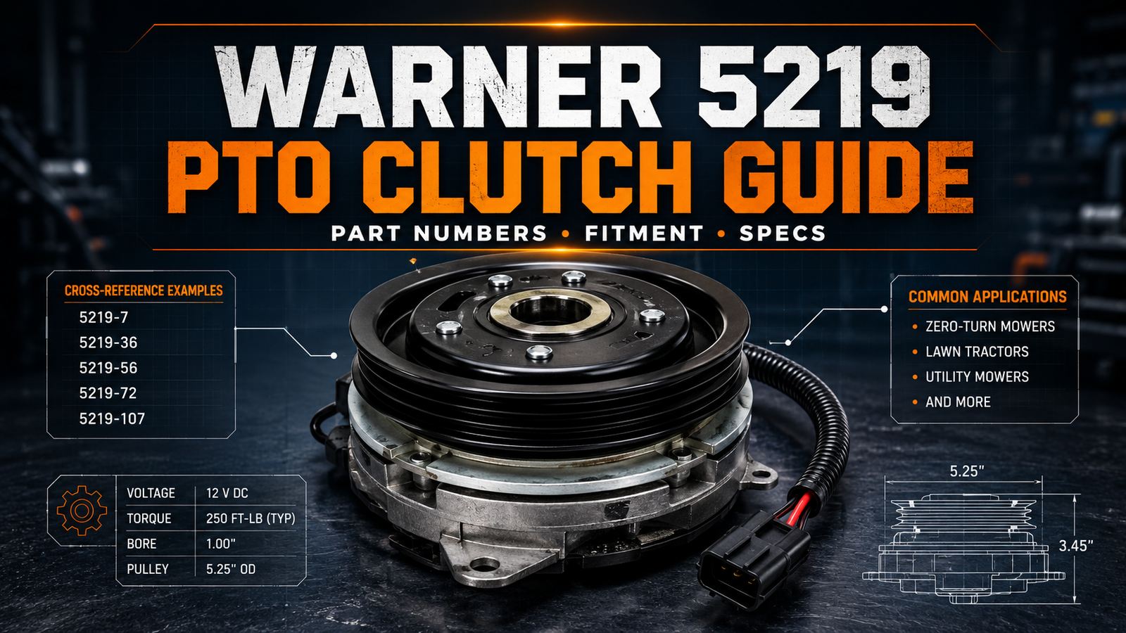 Warner 5219 PTO clutch cross-reference guide image showing an electric PTO clutch with part-number, fitment, and specs callouts.