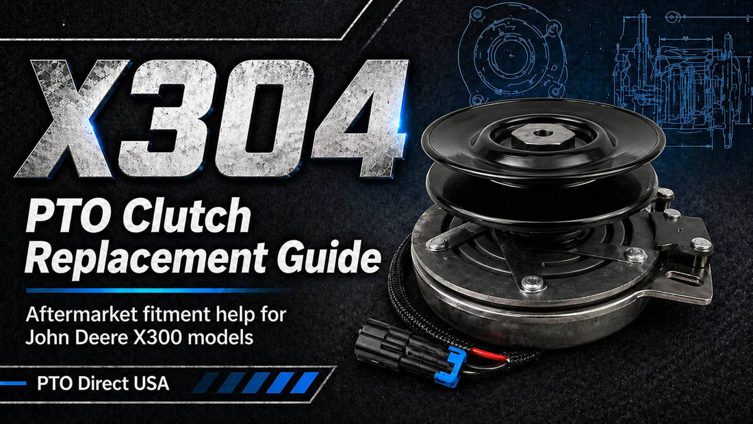 John Deere X304 PTO clutch replacement guide banner featuring a realistic electric PTO clutch, dark industrial background, blue technical blueprint graphics, and PTO Direct USA branding.