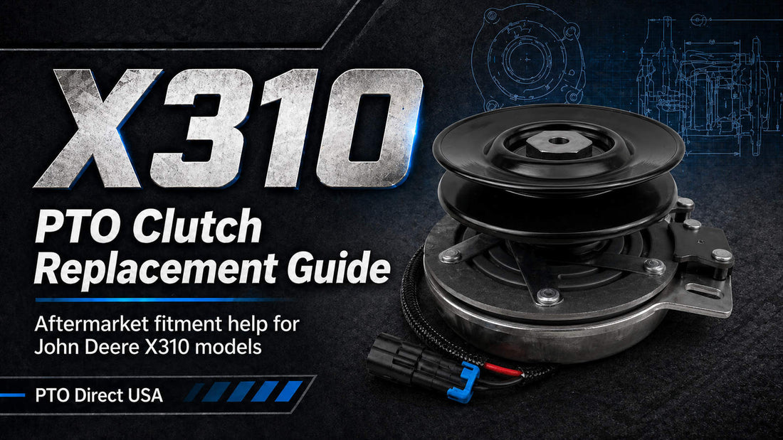 X310 PTO clutch replacement guide image showing an aftermarket electric PTO clutch with black pulley, mounting bracket, wiring connector, and blue technical blueprint details for John Deere X310 fitment help.