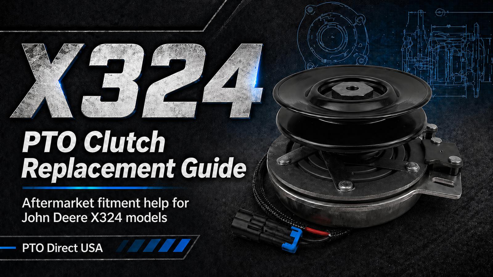 John Deere X324 PTO clutch replacement guide banner featuring a realistic electric PTO clutch, dark industrial background, blue technical blueprint graphics, and PTO Direct USA branding.