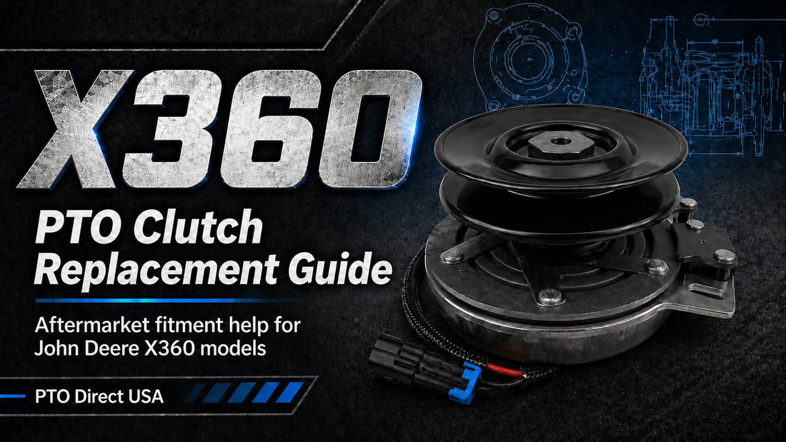 John Deere X360 PTO clutch replacement guide graphic showing an aftermarket electric PTO clutch with wiring connector, blue technical blueprint details, and PTO Direct USA branding.