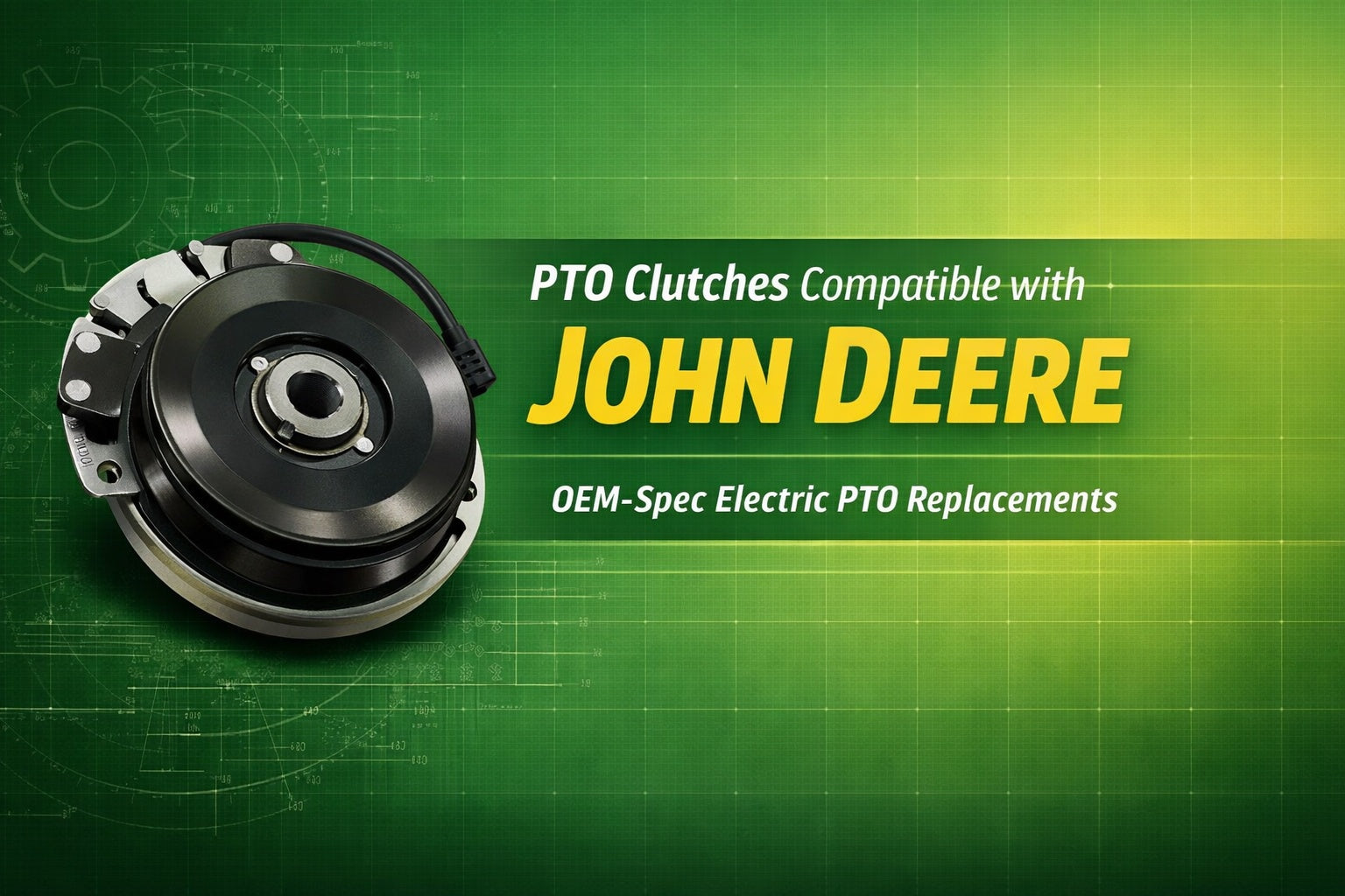John Deere PTO clutch category banner featuring OEM replacement electric PTO clutches for John Deere lawn tractors and commercial mowers. Designed for SEO optimization, brand authority, and product category clarity.