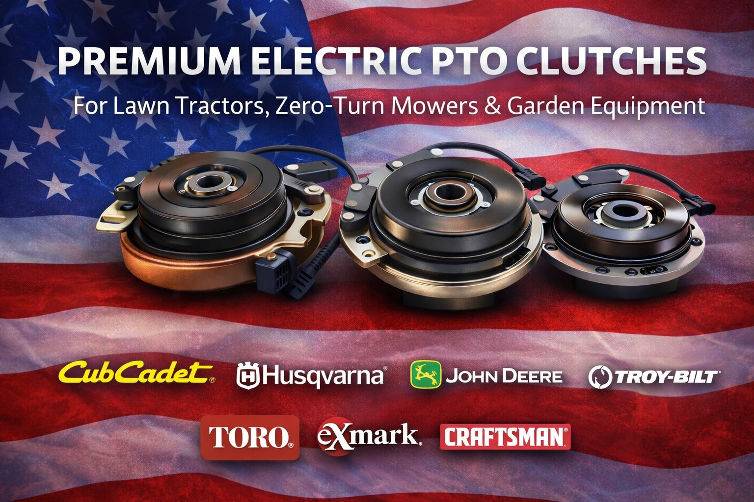 Electric PTO clutch replacements for lawn tractors and zero-turn mowers – OEM-spec clutches compatible with Toro, Exmark, Scag, Cub Cadet, John Deere, Husqvarna and more.