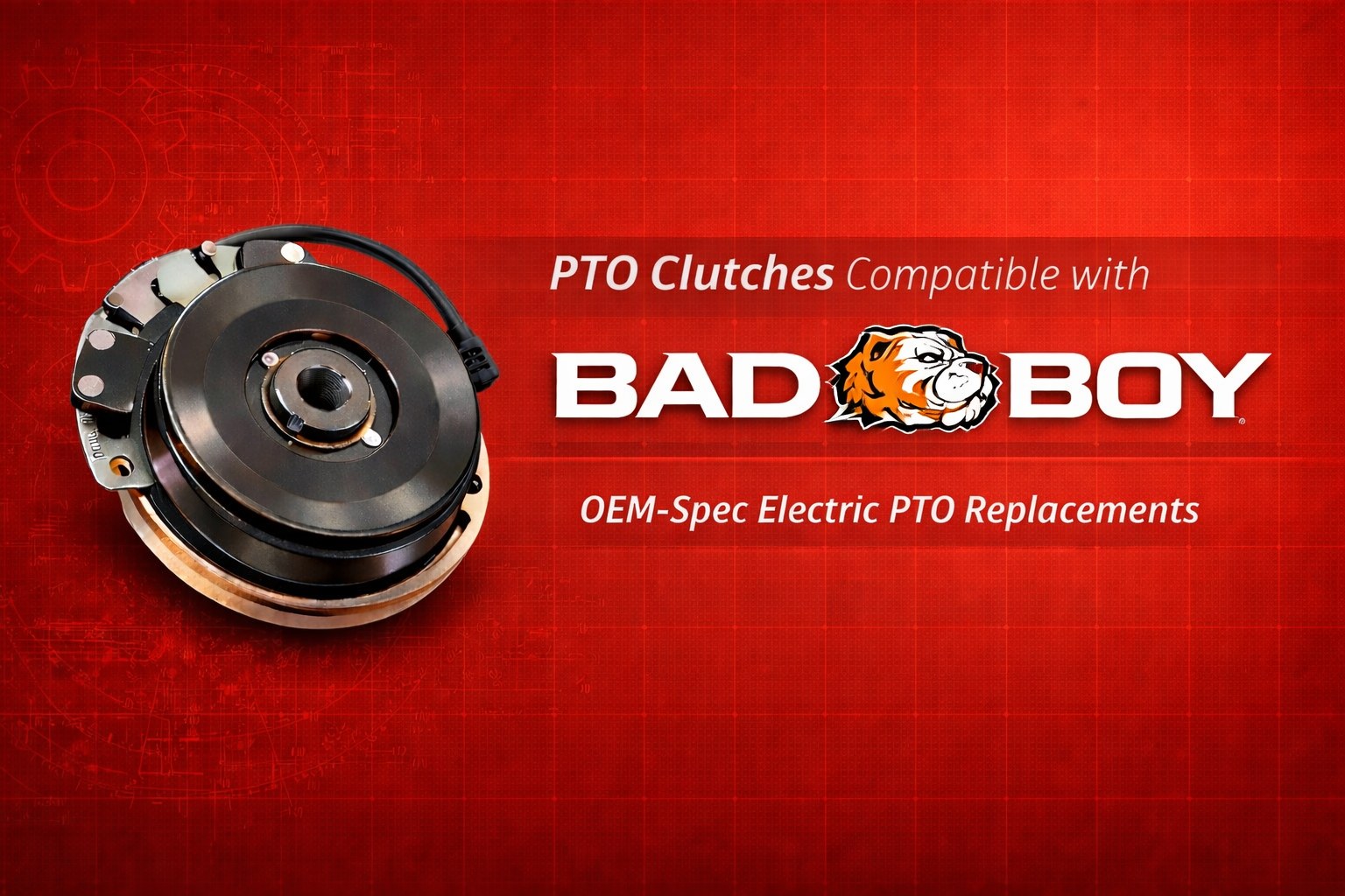 Bad Boy replacement electric PTO clutch collection banner featuring OEM-spec mower clutch with red and black industrial background.
