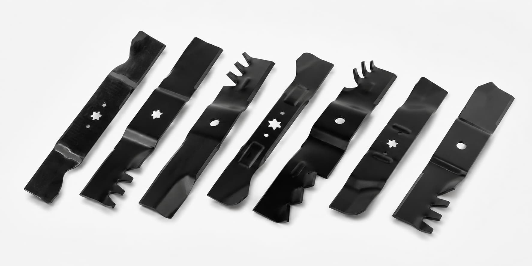 Mower blades collection banner showing replacement lawn mower blades for riding mowers, zero-turn mowers, and lawn tractor deck repair.