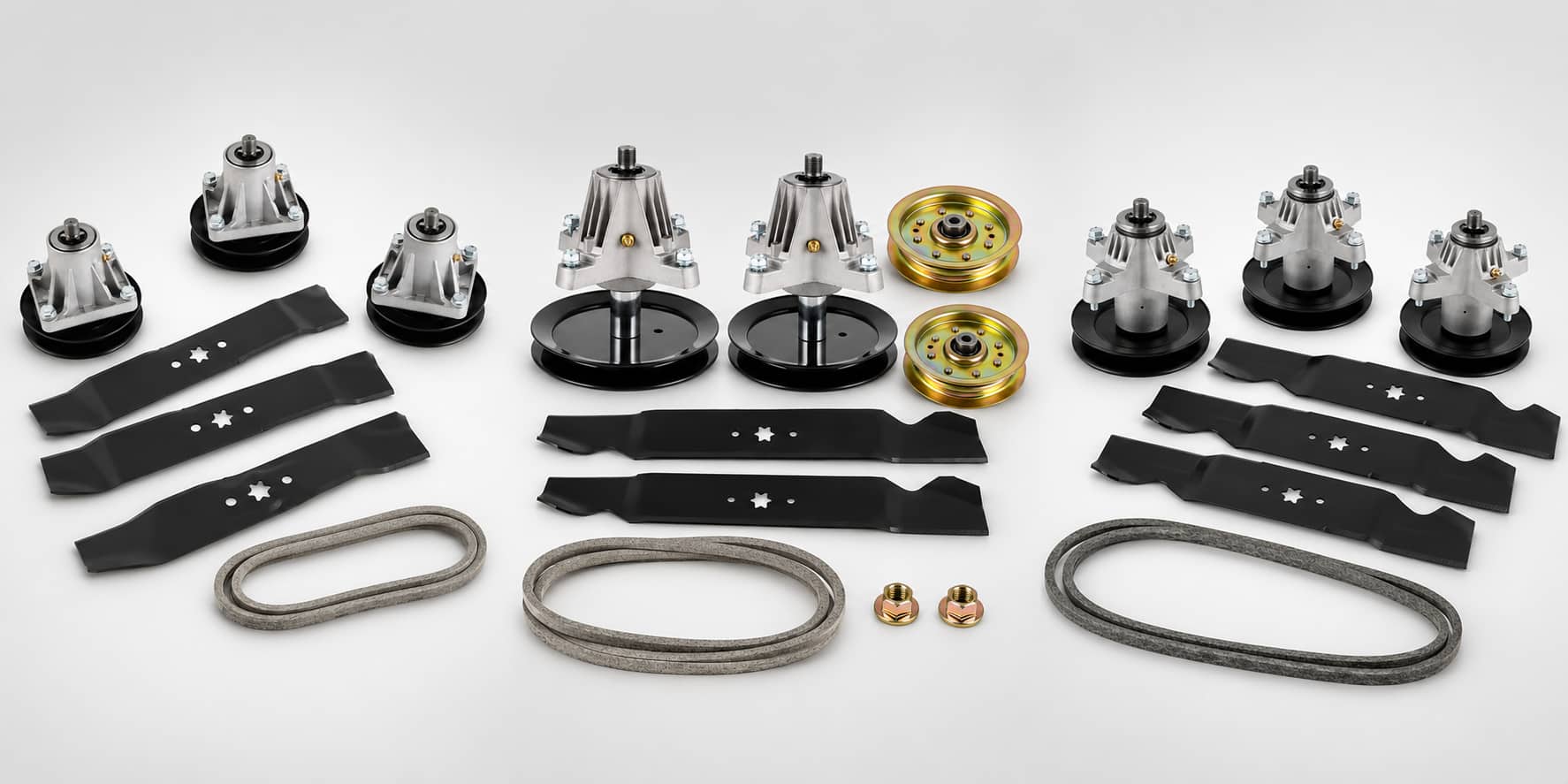 Deck rebuild kits collection banner showing mower deck belts, blades, spindle assemblies, pulleys, and idler pulleys for riding mower and zero-turn deck repair.