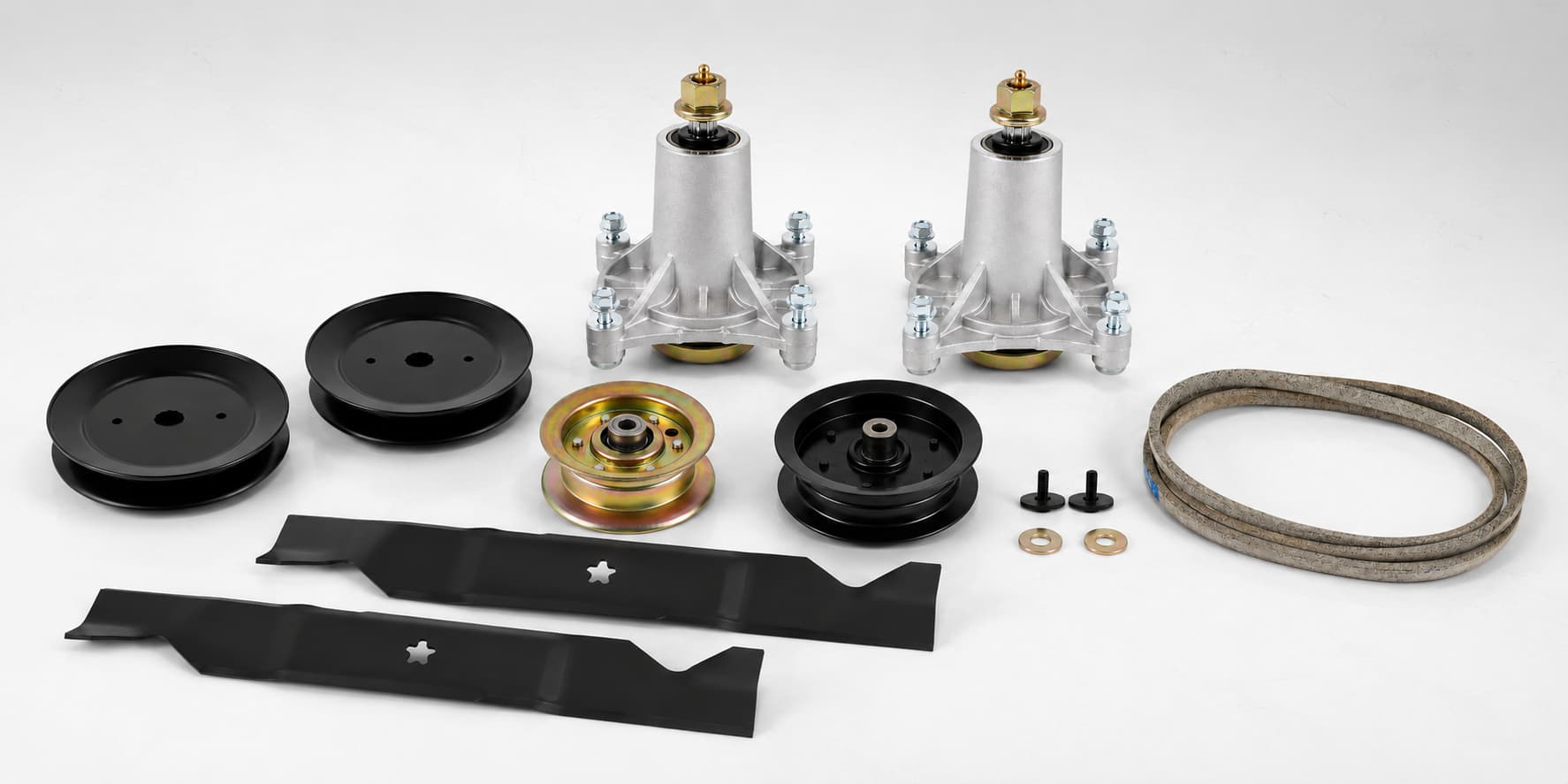 Mower deck parts collection banner showing deck belt, mower blades, spindle assemblies, spindle pulleys, and idler pulleys for lawn mower deck repair and rebuild kits.