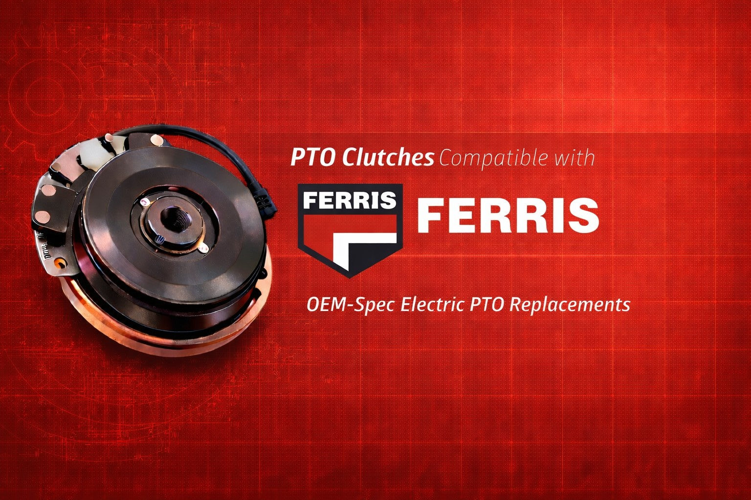 Ferris replacement PTO clutch category banner featuring OEM-spec electric PTO clutch for Ferris zero-turn and commercial mower applications