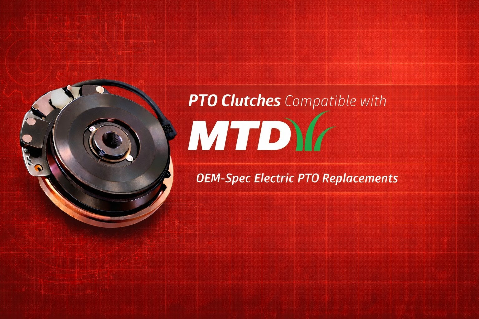 MTD replacement PTO clutch collection banner featuring OEM-spec electric PTO clutches compatible with MTD, Cub Cadet, Troy-Bilt and Yard-Man lawn tractors.