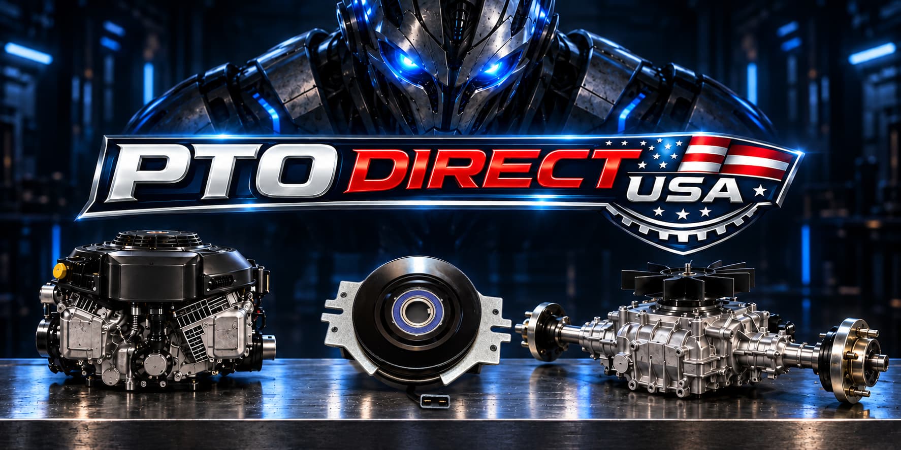 PTO Direct USA logo above an engine, 070-0056-00 PTO clutch and transaxle, with a blue-eyed robot in a dark workshop