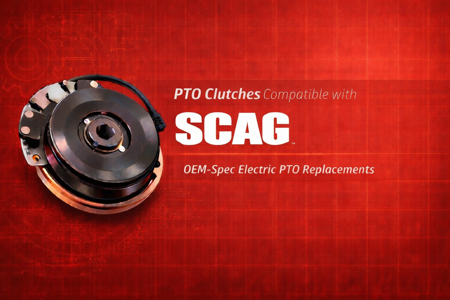 Scag replacement PTO clutch collection banner featuring electric PTO clutch assembly for Cheetah, Tiger Cat, and V-Ride commercial mowers