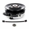 Ariens Gravely 00191700 PTO clutch replacement showing black pulley, center bore, silver clutch housing, brake plate hardware, mounting bracket, wiring harness, connector lead, and spacer washer on a white background.
