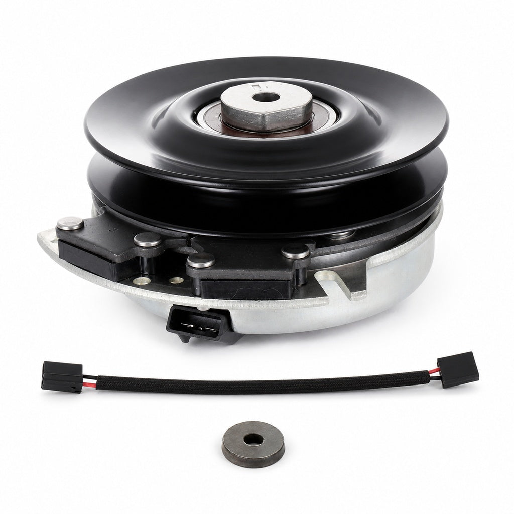 Ariens Gravely 00191700 PTO clutch replacement showing black pulley, center bore, silver clutch housing, brake plate hardware, mounting bracket, wiring harness, connector lead, and spacer washer on a white background.