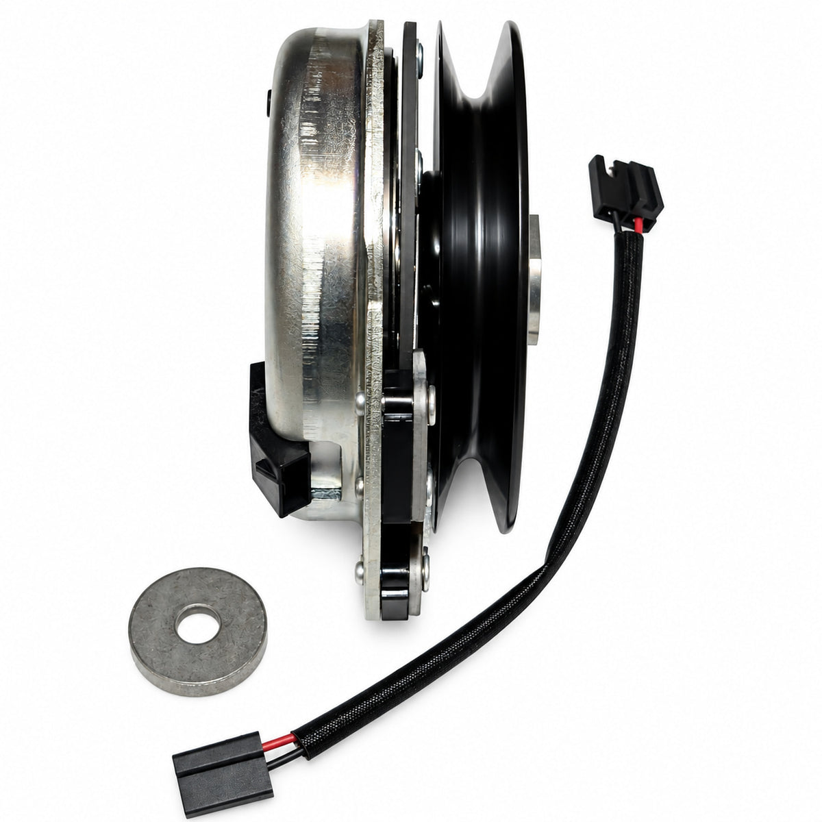 Ariens Gravely 00191700 replacement PTO clutch side profile showing pulley groove, silver housing, washer and adapter harness