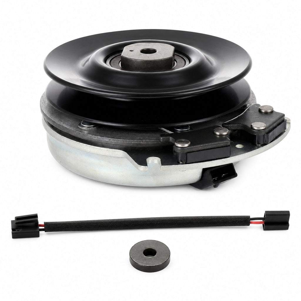 Ariens Gravely 00462500 PTO clutch replacement showing black pulley, center bearing, silver clutch housing, mounting bracket, and black wiring connector on a white background.