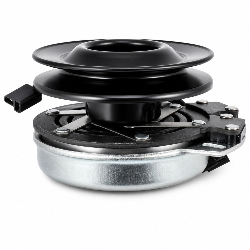 Ariens Gravely 00480600 PTO clutch replacement showing black pulley, center bore, silver clutch housing, brake plate hardware, mounting bracket, and black wiring connector on a white background.