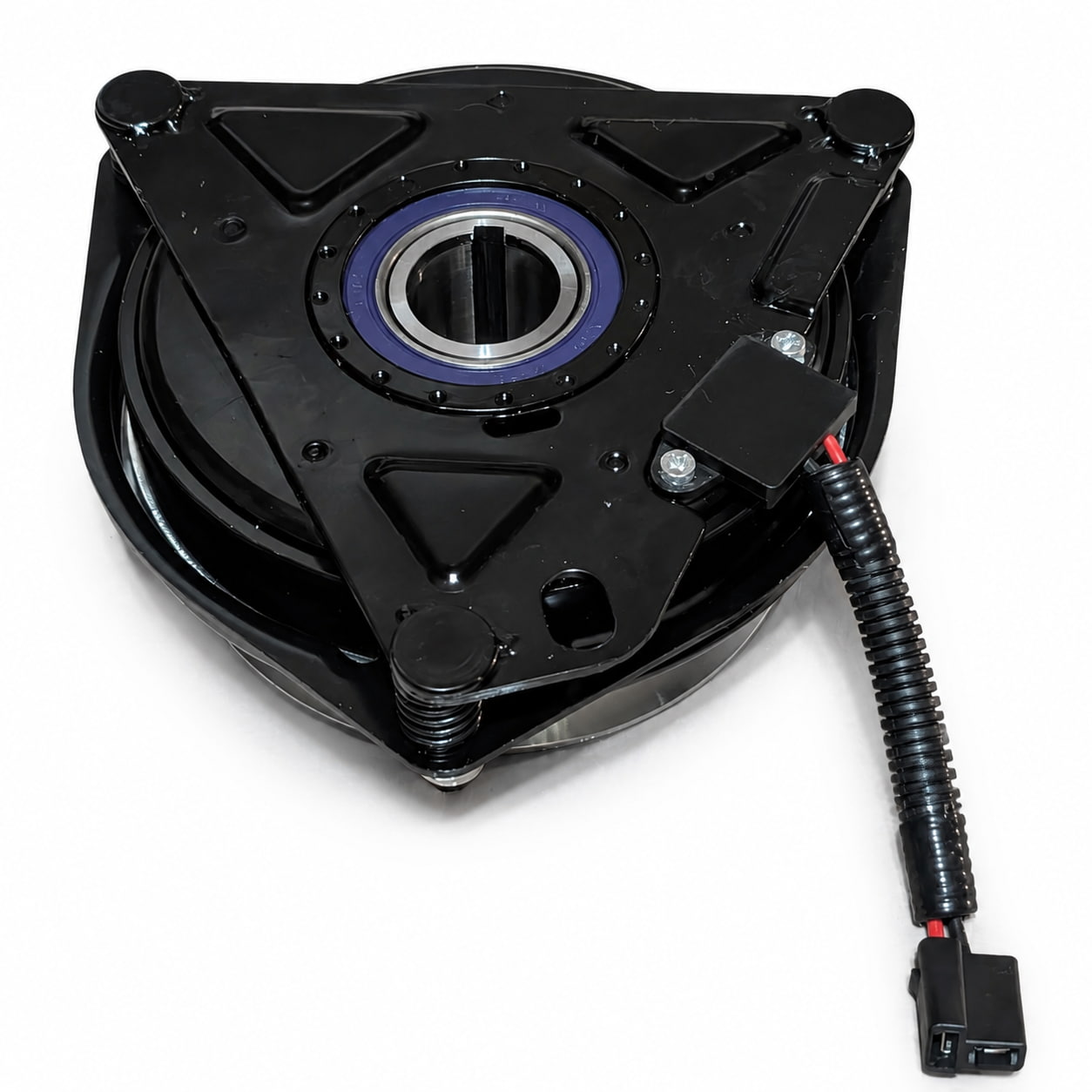 Plate side of 01001979P PTO clutch replacement for Cub Cadet Tank, Cub Cadet M-Series, showing 1-1/8 inch bore, keyway, anti-rotation setup, wiring, and plug