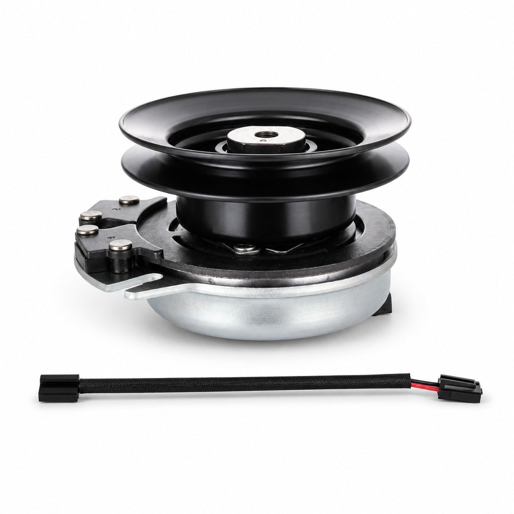 Ariens Gravely 03292300 PTO clutch replacement showing black pulley, center bore, silver clutch housing, brake plate hardware, mounting bracket, and wiring harness on a white background.