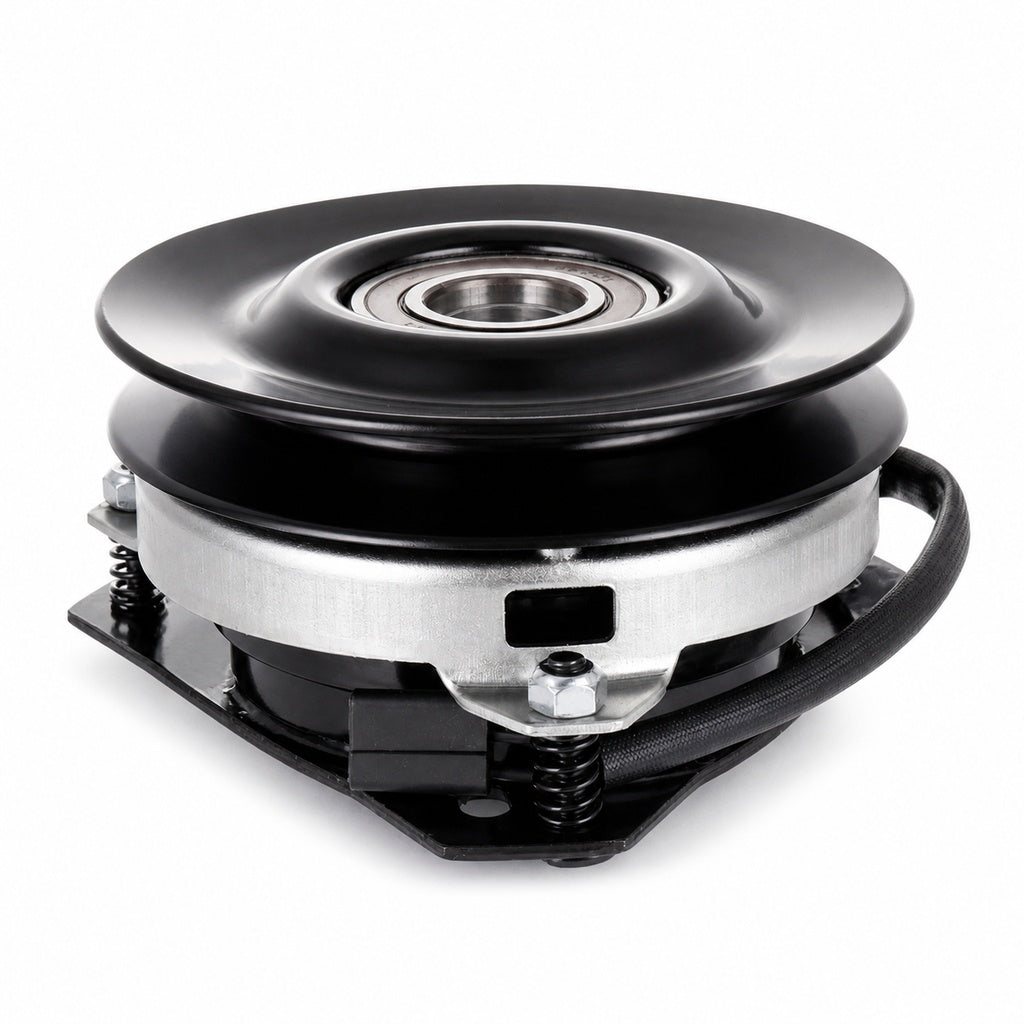 Ariens Gravely 03643100 PTO clutch replacement showing black pulley, center bearing, silver clutch housing, mounting bracket, spring hardware, and wiring lead on a white background.
