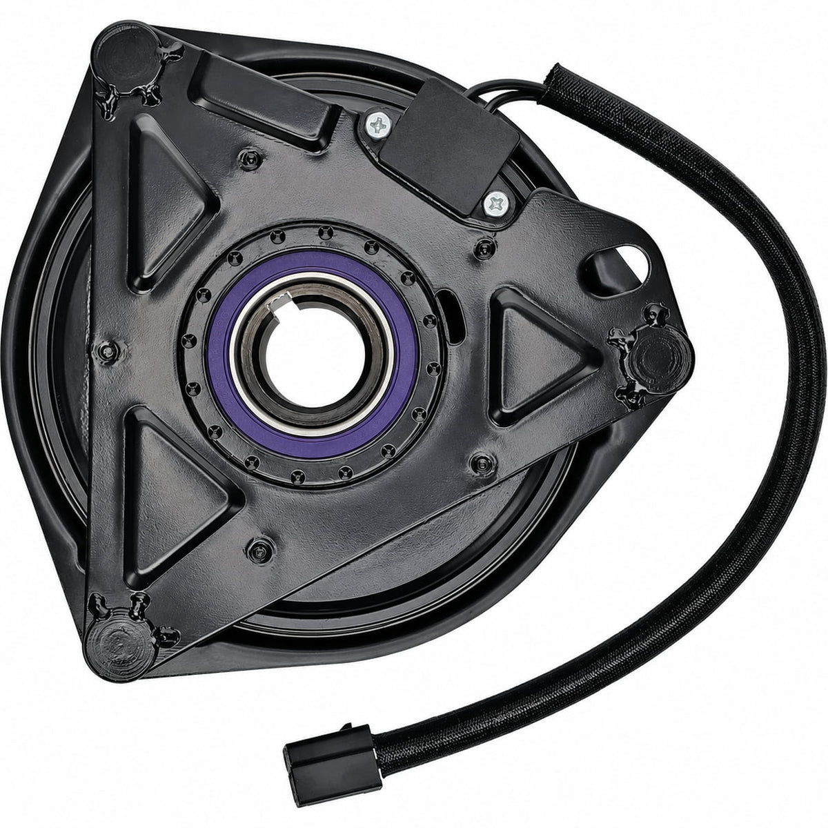 Underside of Xtreme X0610 PTO clutch for Ariens Gravely 03785000 showing mounting plate, keyway and electrical connector