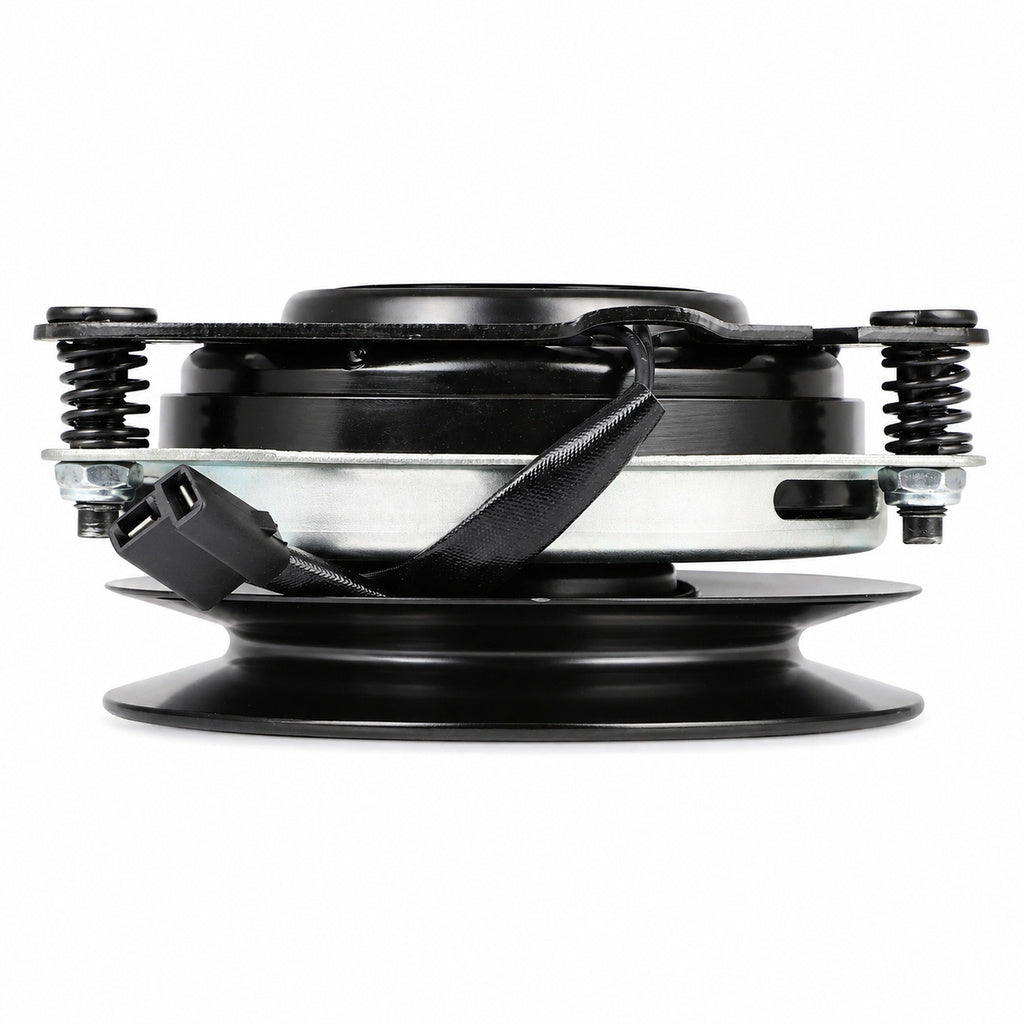 03789900 PTO clutch replacement side view with black pulley, silver clutch body, spring-loaded mounting plate, and wiring connector for mower deck blade engagement.