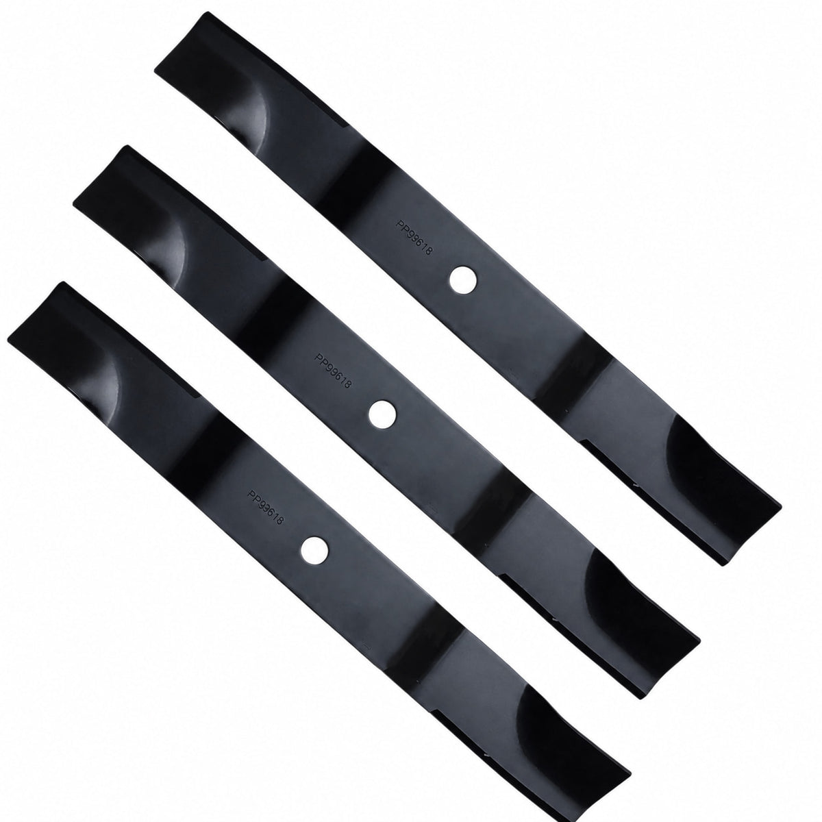 Three 04771200 high-lift mower blades for Ariens and Gravely 52-inch decks arranged diagonally on a white background