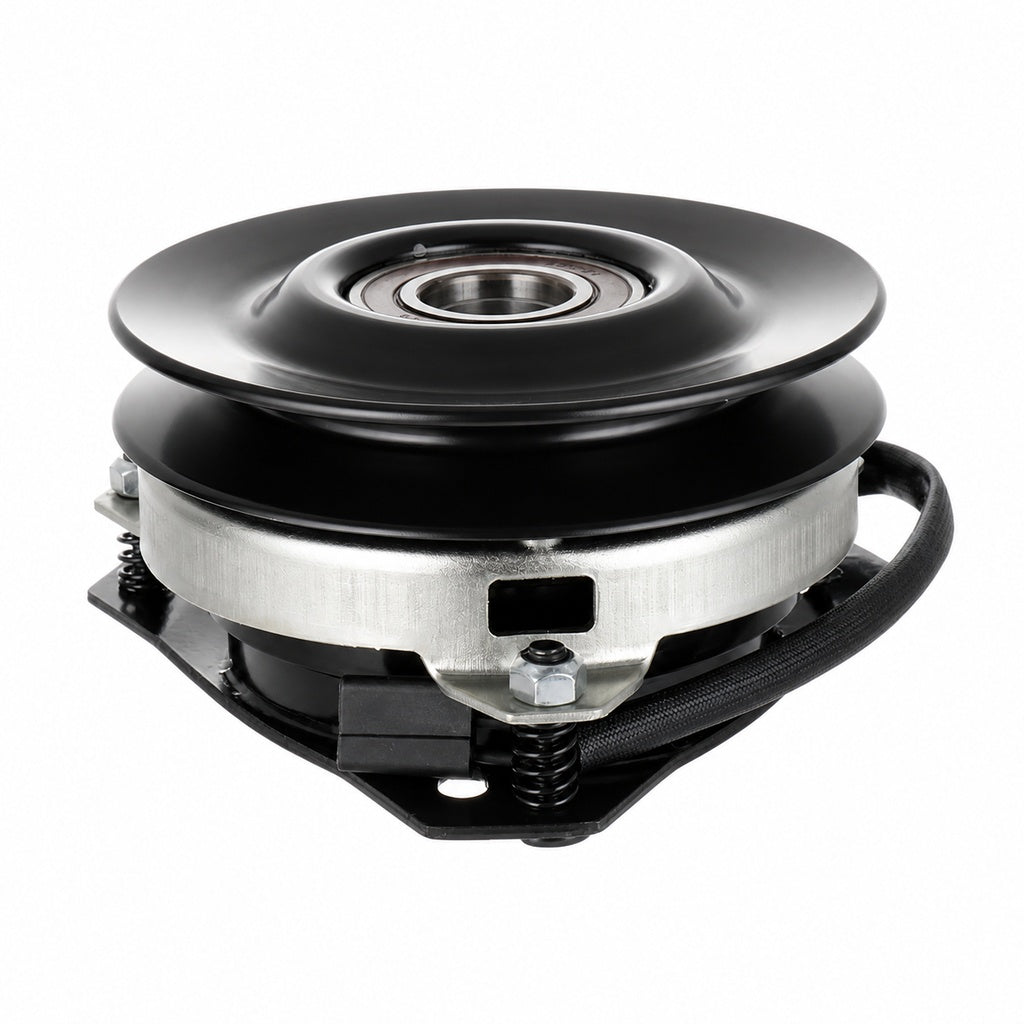 04915400 PTO clutch replacement for Ariens and Gravely showing pulley, center bearing, clutch housing, mounting bracket, spring hardware, and black wiring lead on a white background.