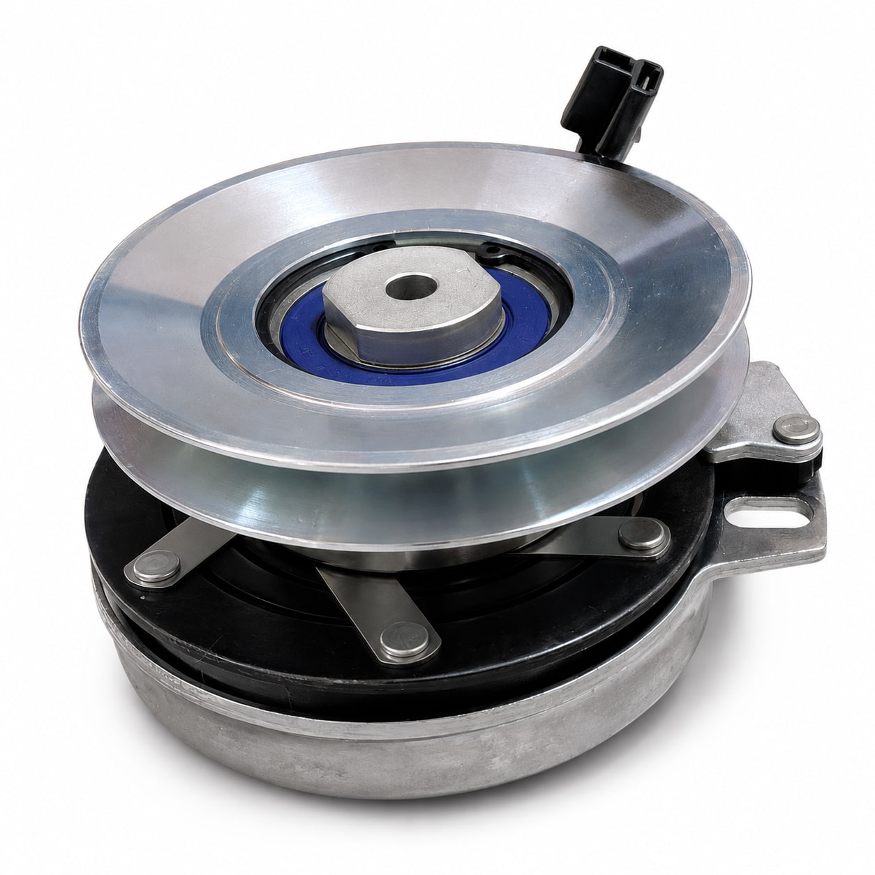Side view of 070-0050-00 HD Big Bearing PTO clutch showing 6-inch billet pulley, 1-inch bore and T-style connector for Bad Boy MZ Magnum