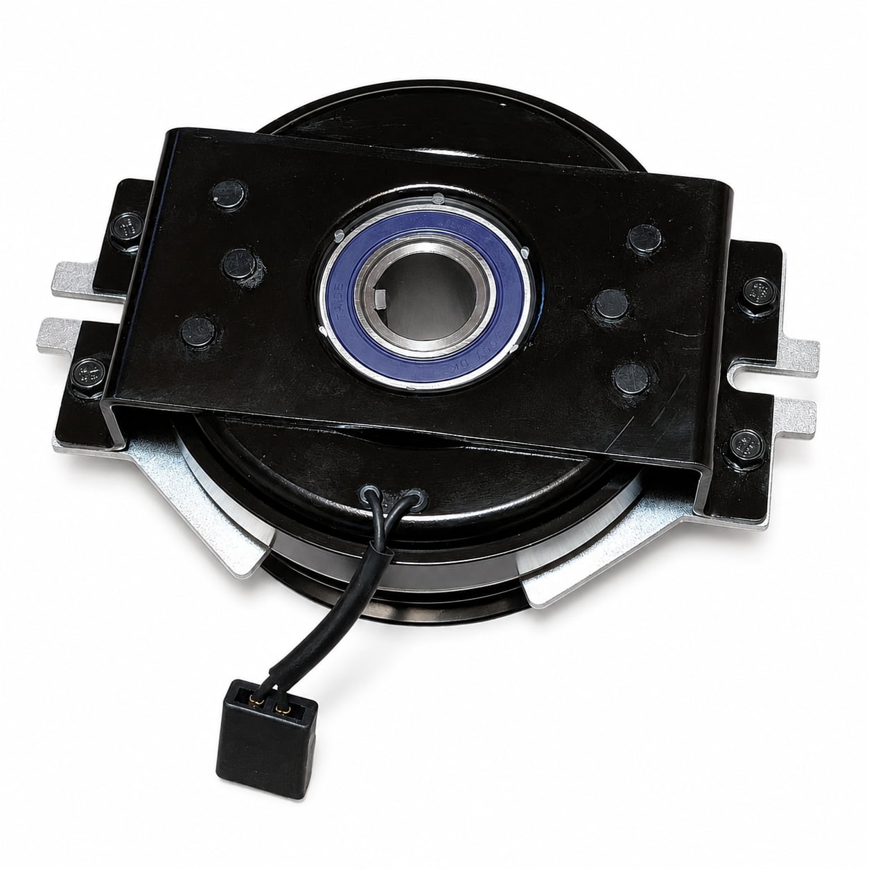 070-0056-00 PTO clutch back side showing housing, keyed bore, bearing, mounting bracket and electrical wiring