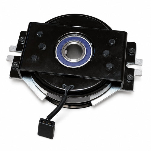 070-0056-00 PTO clutch back side showing housing, keyed bore, bearing, mounting bracket and electrical wiring