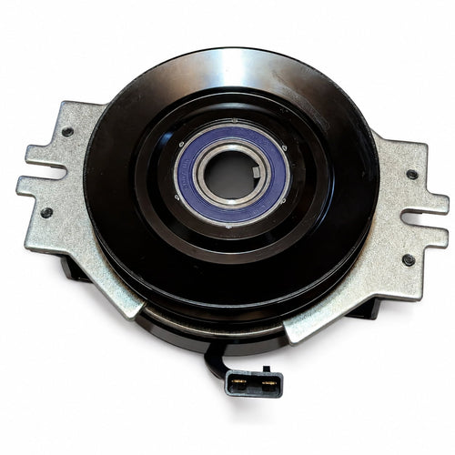 070-0056-00 PTO clutch top view showing pulley, keyed bore, bearing, mounting bracket, wiring lead and flat side by side 2-pin plug