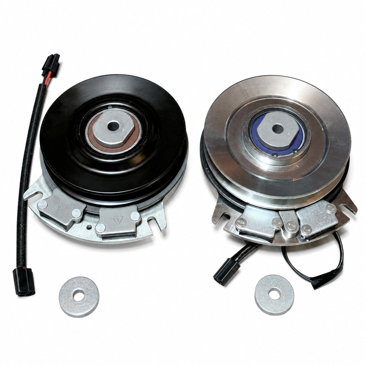 Bad Boy 070-1000-00 standard black pulley PTO clutch beside the HD Big Bearing silver pulley upgrade